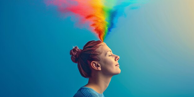 Portrait of people with colorful rainbow from their thoughts and brain on blue background