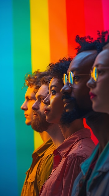 Foto gratuita ritratto di persone con arcobaleno colorato dai loro pensieri e cervello su sfondo blu