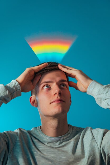 Portrait of people with colorful rainbow from their thoughts and brain on blue background