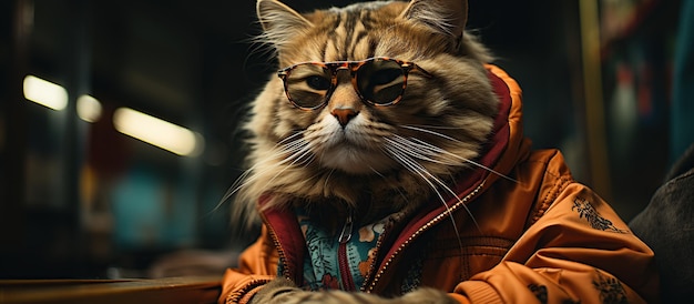 Portrait of a persian cat wearing sunglasses on a city street