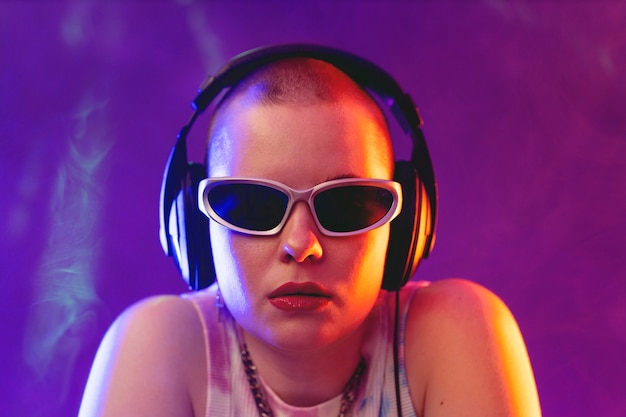 Portrait of person attending a vibrant techno music party