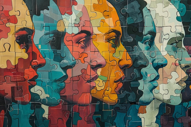 콜라지 스타일로 자폐증에 대한 인식의 날을 위한 사람의 초상화