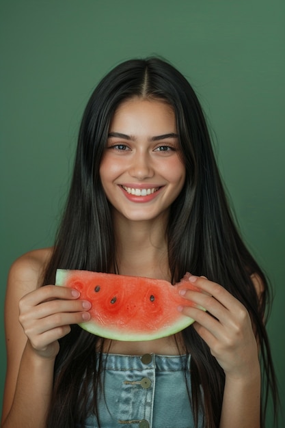 Foto gratuita ritratto di una persona che mangia un cocomero