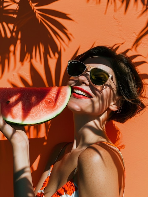 Foto gratuita ritratto di una persona che mangia un cocomero