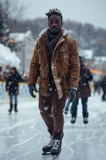 Portrait of person ice skating outdoors during winter time