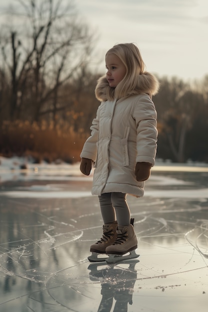 Free photo portrait of person ice skating outdoors during winter time