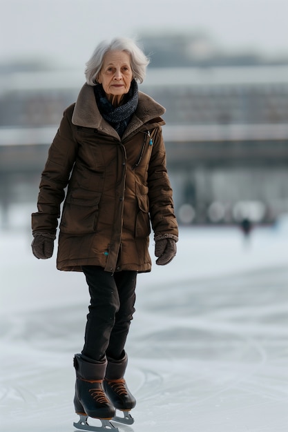 Free photo portrait of person ice skating outdoors during winter time