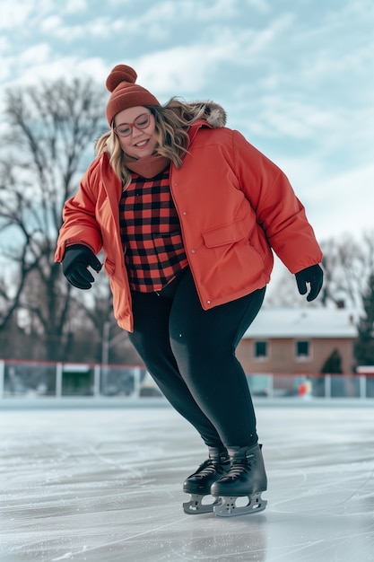 Free photo portrait of person ice skating outdoors during winter time