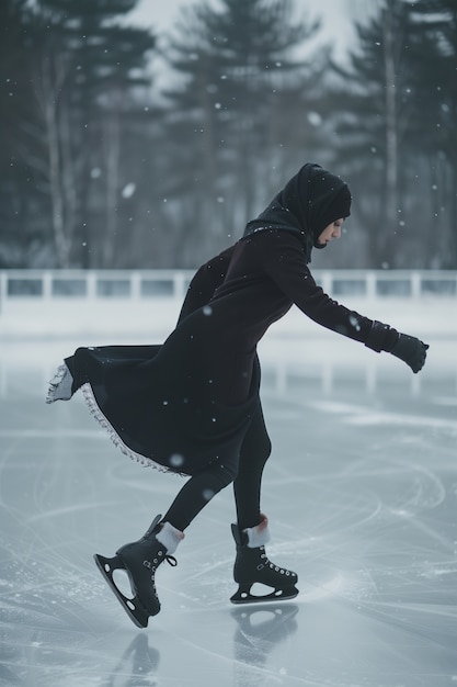 Portrait of person ice skating outdoors during winter time