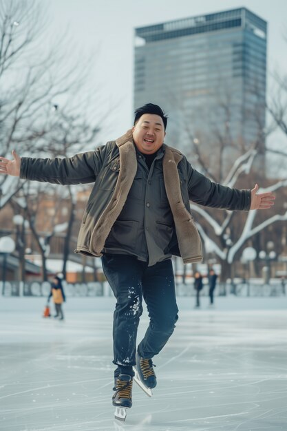 Portrait of person ice skating outdoors during winter time