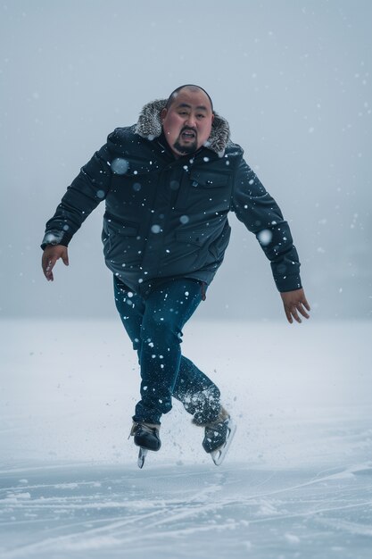 겨울 에 야외 에서 아이스 스케이팅 을 하는 사람 의 초상화