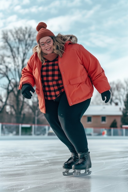 Portrait of person ice skating outdoors during winter time