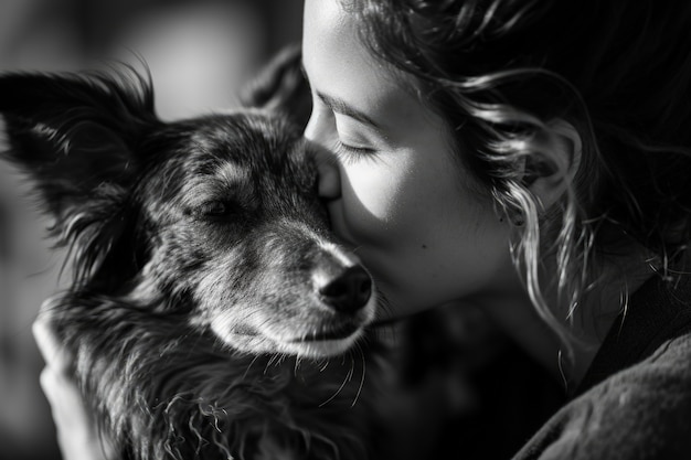 Free photo portrait of person kissing their pet