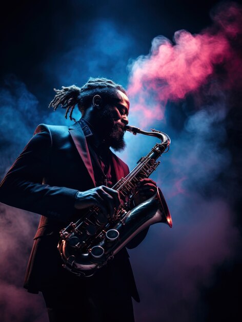 Portrait of person playing music on saxophone