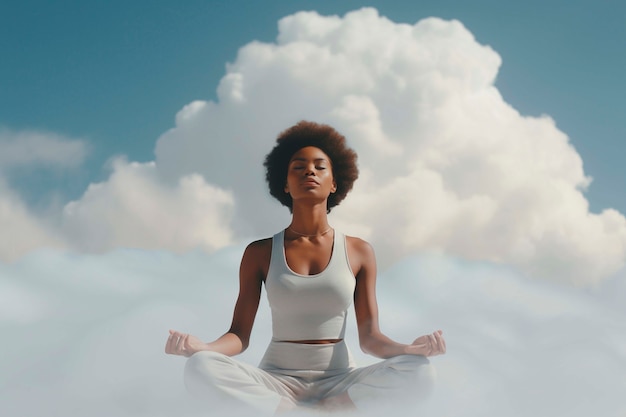 Portrait of person practicing yoga on clouds