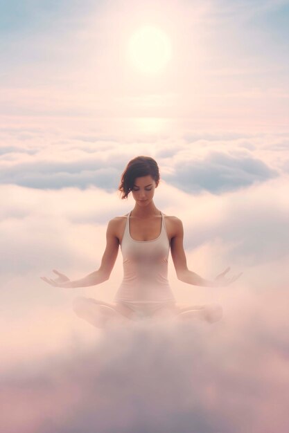 Portrait of person practicing yoga on clouds