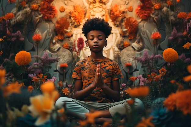 Portrait of person practicing yoga with floral background