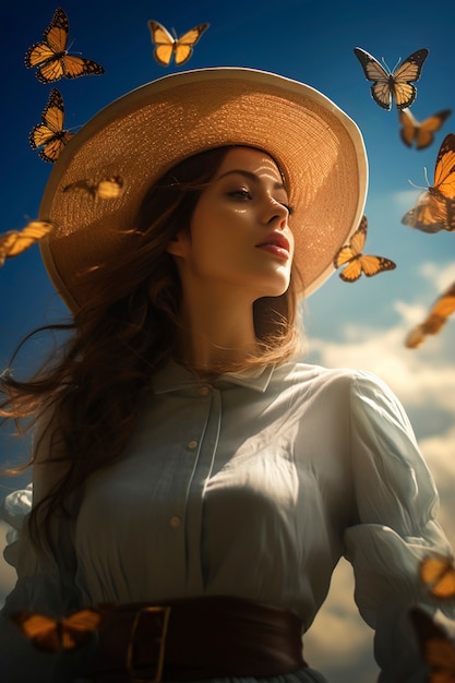 Free photo portrait of person surrounded by butterflies