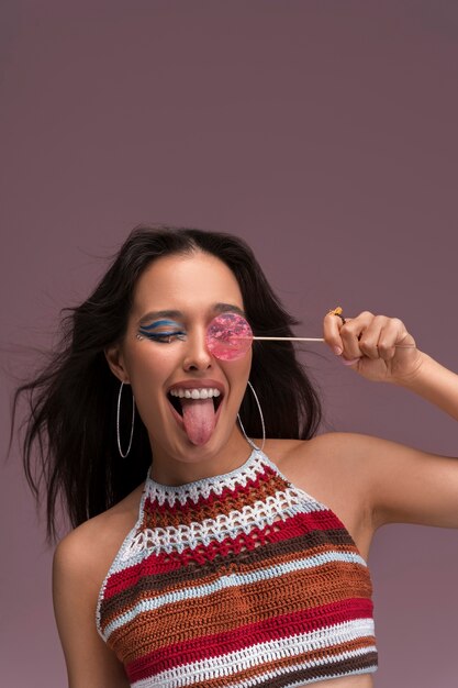 Portrait of person wearing graphic eye makeup