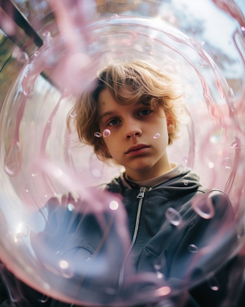 Free photo portrait of person with clear bubble