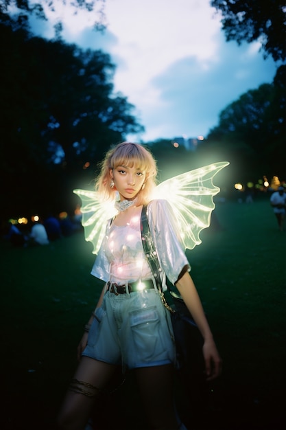 Free photo portrait of person with magical wings and fairy core aesthetic