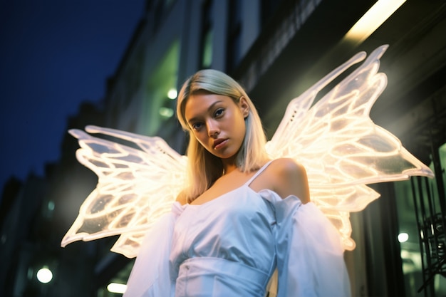 Portrait of person with magical wings and fairy core aesthetic