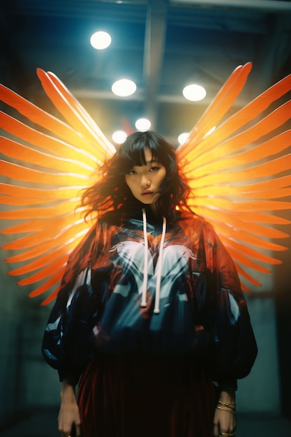 Portrait of person with magical wings and fairy core aesthetic