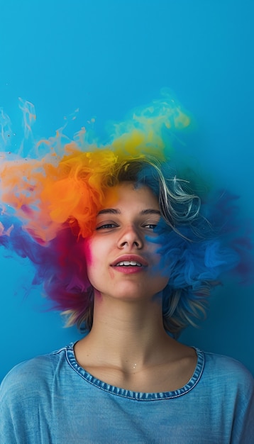 Foto gratuita ritratto di una persona con i colori dell'arcobaleno che simboleggiano i pensieri del cervello adhd