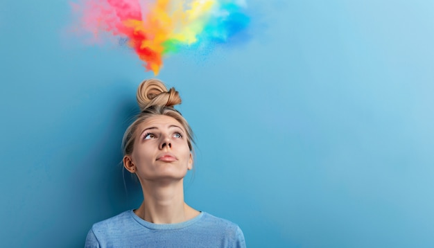 Free photo portrait of person with rainbow colors symbolizing thoughts of the adhd brain