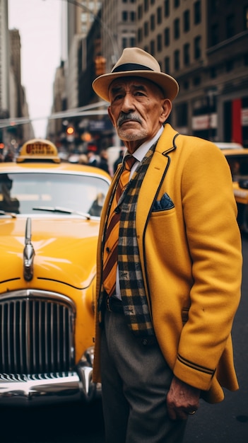 portrait of person with yellow taxi in new york city