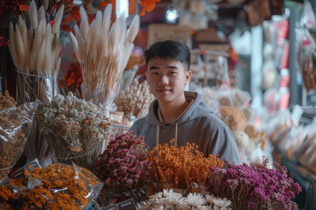 乾燥した花の店で働く人の肖像画