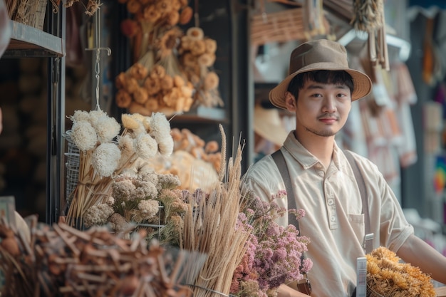 Free photo portrait of person working at a dried flowers shop