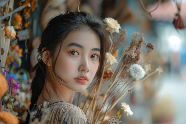 Free photo portrait of person working at a dried flowers shop