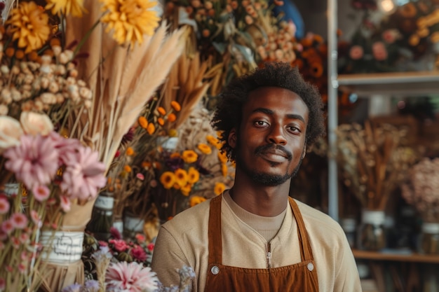 Free photo portrait of person working at a dried flowers shop