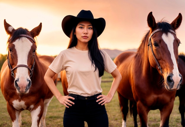 Free photo portrait of photorealistic female cowboy at sunset