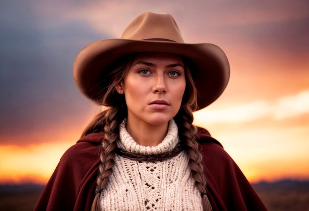 Foto gratuita portrait of photorealistic female cowboy at sunset