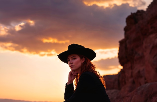 Free photo portrait of photorealistic female cowboy at sunset