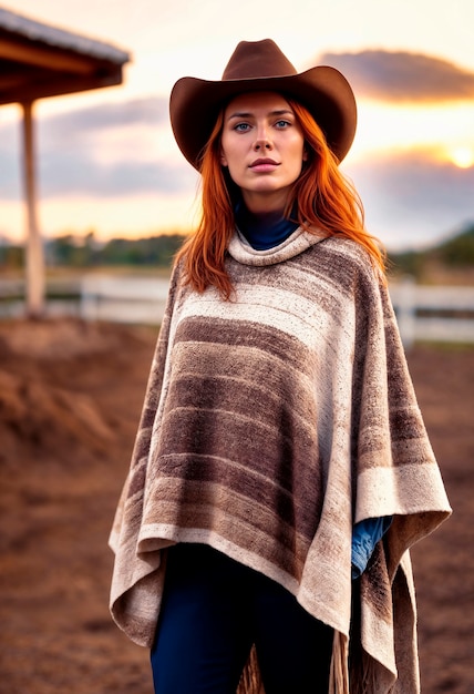 Foto gratuita ritratto fotorealistico di una cowboy al tramonto