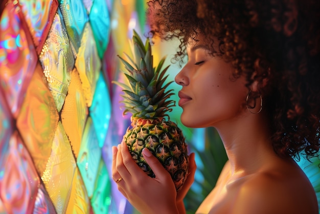 Free photo portrait of photorealistic person with pineapple fruit