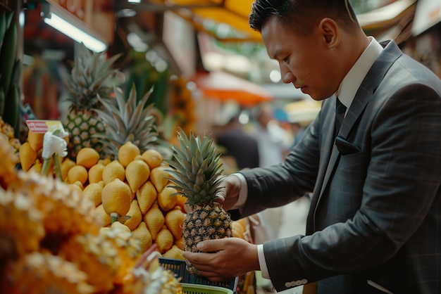 Foto gratuita ritratto fotorealistico di una persona con un frutto di ananas