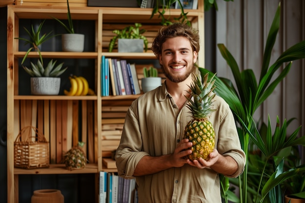 Foto gratuita ritratto fotorealistico di una persona con un frutto di ananas