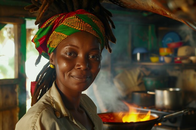 Foto gratuita ritratto fotorealistico di una donna rastafari con i dread africani