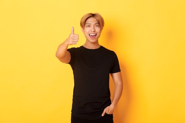 Portrait of pleased handsome asian guy, showing thumbs-up in approval, standing over yellow wall