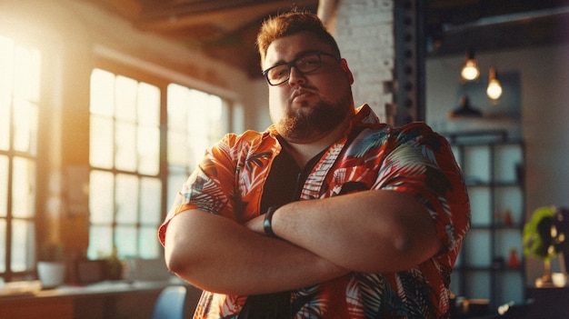 Free photo portrait of plus-size male social media influencer