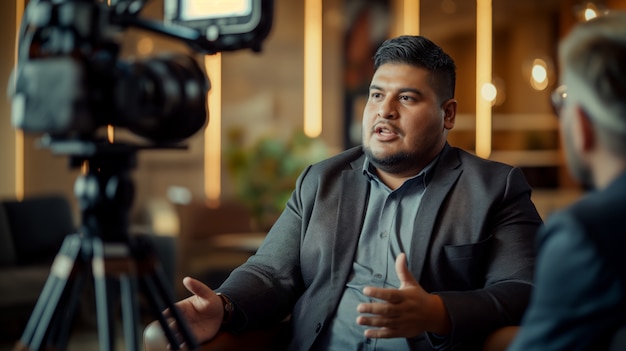 Free photo portrait of plus-size man working as a social media influencer