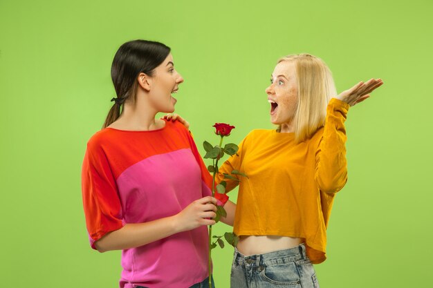 Portrait of pretty charming girls in casual outfits isolated on green studio background. Two female models as a girlfriends or lesbians. Concept of LGBT, equality, human emotions, love, relation.