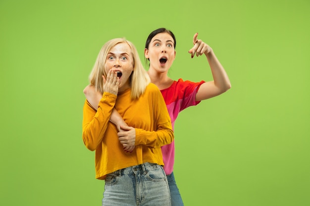 Portrait of pretty charming girls in casual outfits isolated on green studio background. Two female models as a girlfriends or lesbians. Concept of LGBT, equality, human emotions, love, relation.