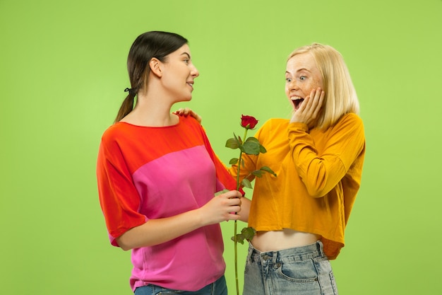 Portrait of pretty charming girls in casual outfits isolated on green wall. Two female models as a girlfriends or lesbians. Concept of LGBT, equality, human emotions, love, relation.