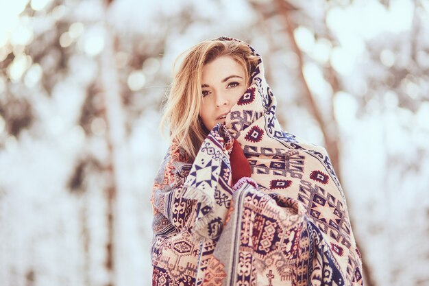 겨울 공원에 스카프에 포장 예쁜 여자의 초상화