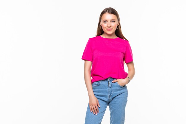 Portrait of a pretty smiling woman posing isolated